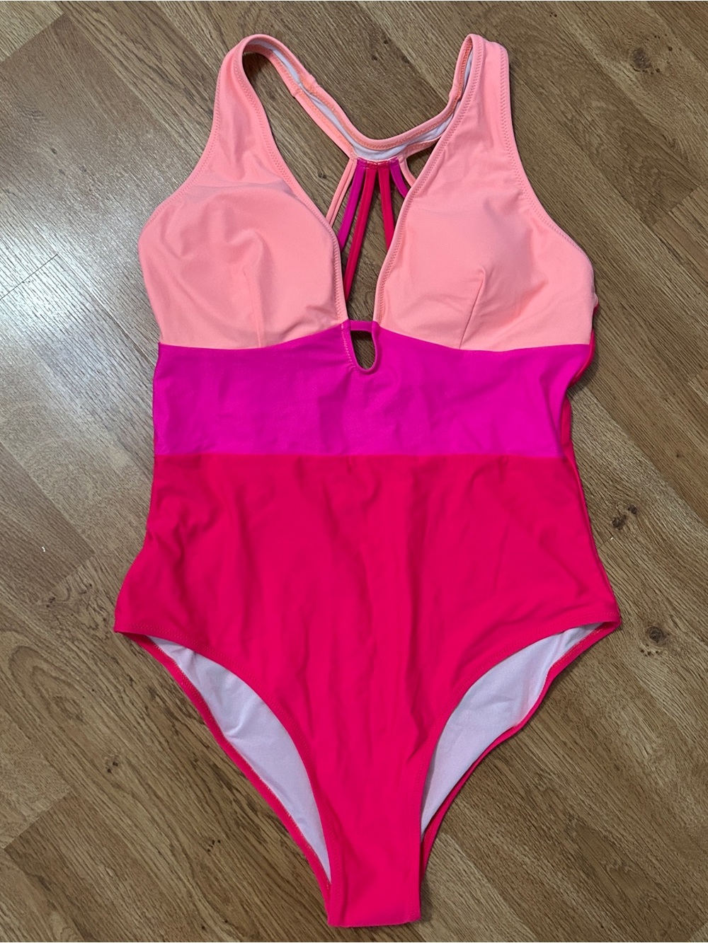 NWT Popvil Color Block Pink Coral One-Piece Swimsuit with Strappy Back SZ Large - Picture 4 of 12